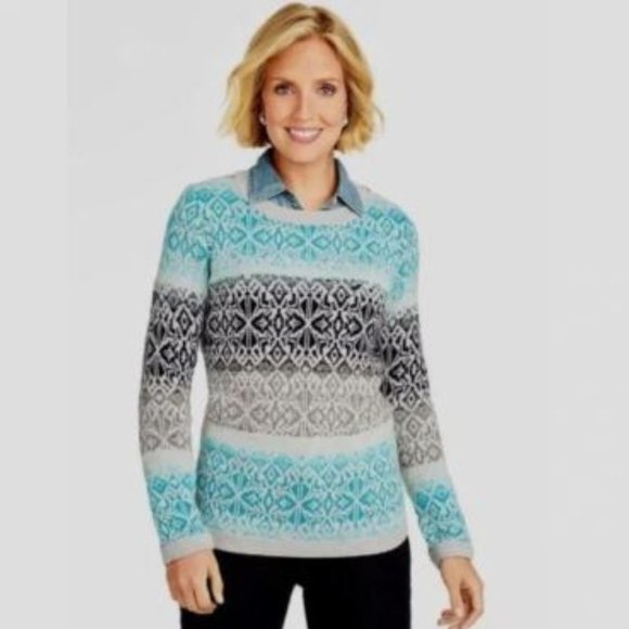 Talbots Blue Nordic Fair Isle Nylon Lambs Wool Knit Sweater Size Small - Picture 1 of 10